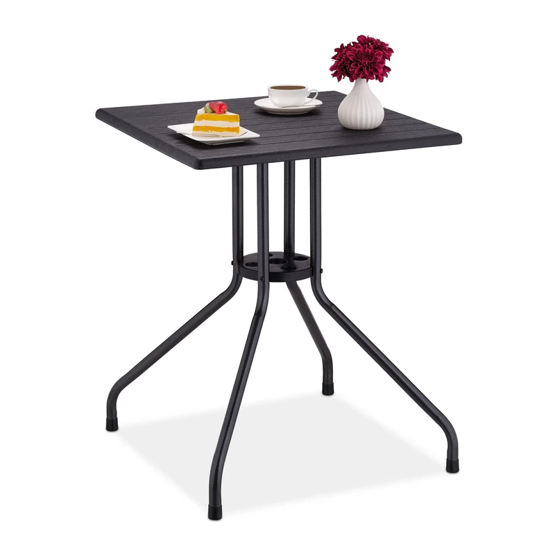 Relaxdays Garden Table, HxWxD: 75x61x61 cm, Wooden-Look Balcony, Plastic, Metal, Square, Patio, Black