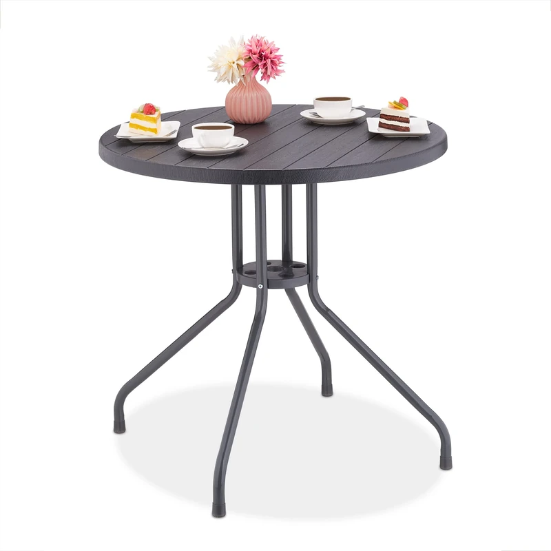 Relaxdays Garden, H x Ø: 75 x 80 cm, Wood-Look Balcony, Plastic & Steel, Round Patio Table, Grey, 75x80x80 cm