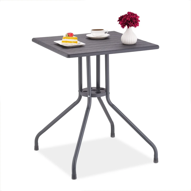 Relaxdays Garden Table, HxWxD: 75x61x61 cm, Wooden-Look Balcony, Plastic, Metal, Square, Patio, Grey