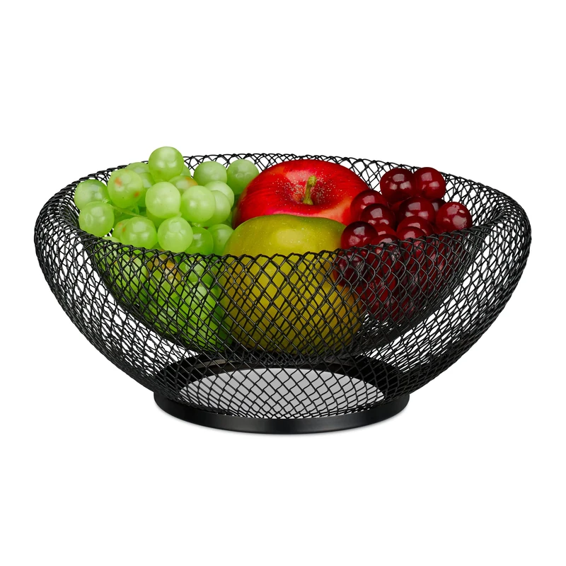 Relaxdays Metal Fruit Bowl, Round Wire Basket, Mesh Design, Double Wall, 10 x 25 cm, Fruits, Bread & Vegetables, Black - Image 1