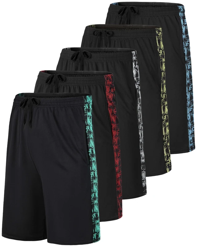 Real Essentials 5 Pack: Men's Mesh Athletic Performance Gym Shorts with Pockets (S-3X), Set Q, Large