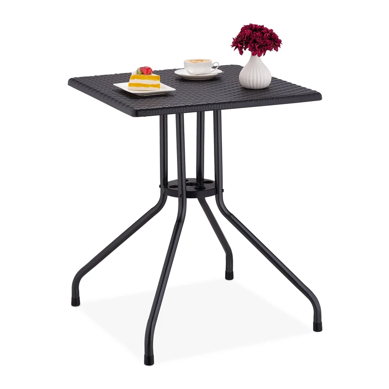 Relaxdays Garden Table Rattan Look, Square, HxWxD: 75x61x61cm, Balcony, Plastic, Metal, Outdoor, Black