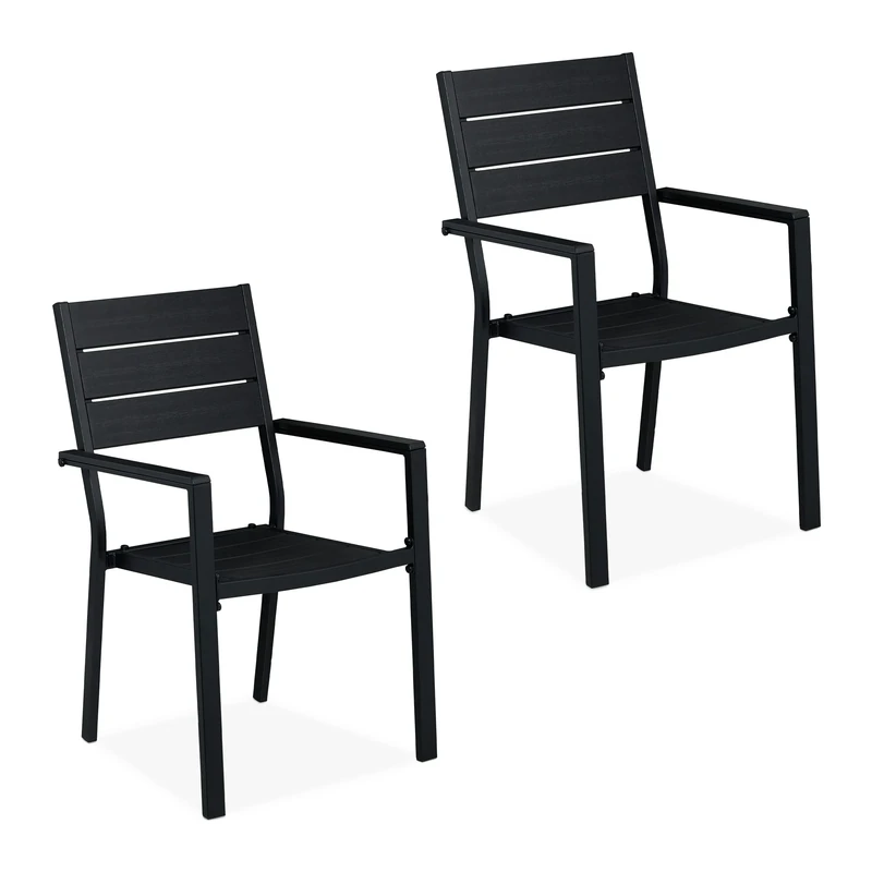 Relaxdays Garden Chair Set of 2, HxWxD 90 x 53,5 x 59 cm, Balcony Seats, Armrests, Metal, Modern Patio Furniture, Black, 90x53.5x59 cm