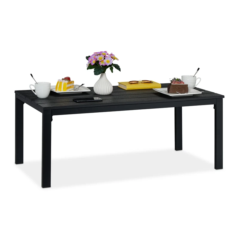 Relaxdays Garden Table, HxWxD: 39x98x48 cm, Wooden-Look Balcony, Plastic, Metal, Rectangular, Patio, Black