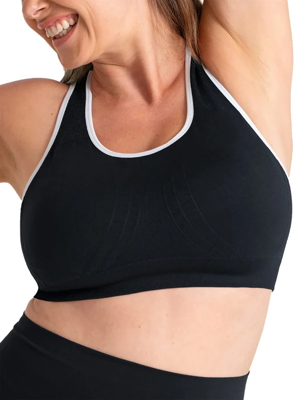 SHAPERMINT Sports Bras for Women - Plus Size, High Support, Black With White Trim, XL