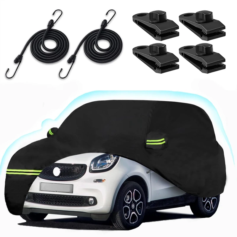 Waterproof Car Cover for 2007-2022 Smart Fortwo, 210T Sun Rain UV Dust Snow Protection Outdoor Covers with Zipper Door & Windproof Bands for 2007-2022 Smart Fortwo W451/C453/A453(Black)
