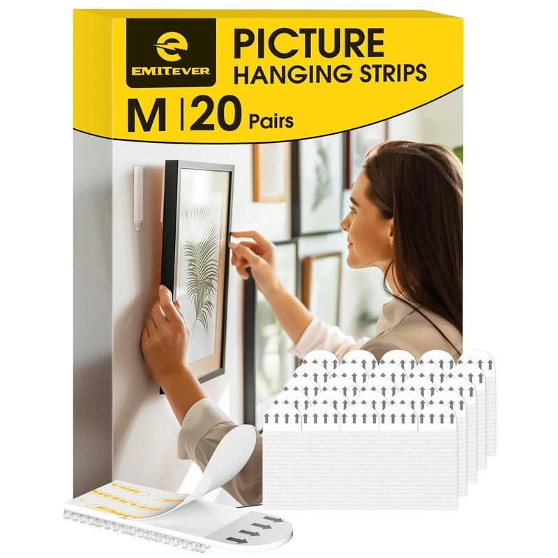Emitever Picture Hanging Strips 20 Pair (40 Strips, M) Holds Up to 5.4 kg, No Nails Wall Hanging Strips for Frames, Photos, Mirrors, Wall Decor
