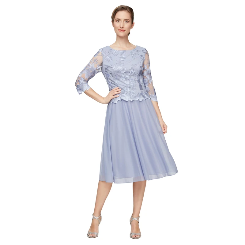 Alex Evenings Women's Tea Length Embroidered Bodice Mock Dress (Reg and Petite), Lavender, 16