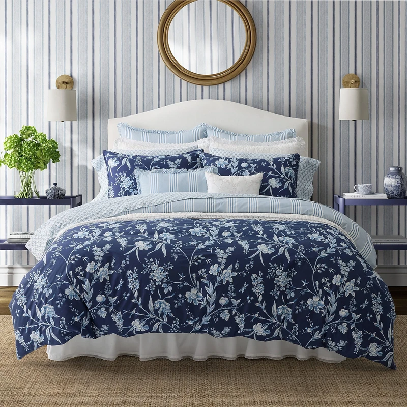 Laura Ashley - King Duvet Cover Set, Reversible Cotton Bedding Set, Includes Matching Sham(s) with Bonus Euro Sham(s) & Throw Pillow Covers (Branch Toile Blue, King)