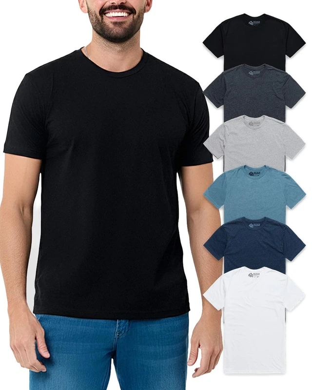 INTO The AM Mens T Shirt - Short Sleeve Crew Neck Soft Fitted Tees S - 4XL Fresh Classic Tshirts, 6-Pack Black/Charcoal/Grey/Indigo/Navy/White, XL