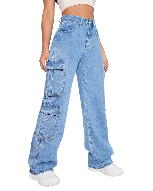 Women's High Waist Cargo Jeans Flap Pocket Baggy Cargo Pants Y2K Wide Leg Denim Jeans Y2K Streetwear Pants., Light Blue, Large