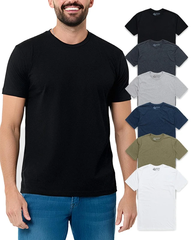 INTO THE AM Mens T Shirt - Short Sleeve Crew Neck Soft Fitted Tees S - 4XL Fresh Classic Tshirts, 6-Pack Black/Charcoal/Grey/Navy/Olive Green/White, Large