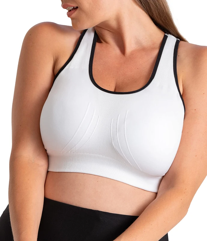 SHAPERMINT Seamless Racerback Wireless Sports Bra for Women with Removable Cups | Low Compression Womens Workout Tops, White with Black Trim, XL