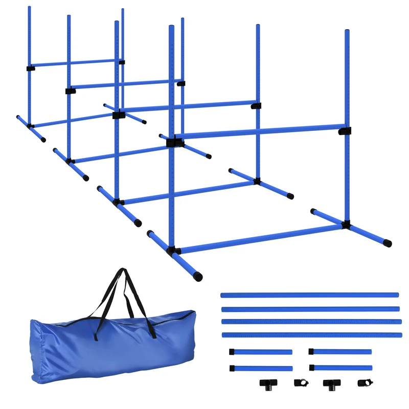 PawHut Agility Kit for Dogs Agility Dog Course Agility Dog Set of 4 Professional Height Adjustable Obstacles with Floor Support System 99L x 65W x 94H cm Carry Bag Provided Blue