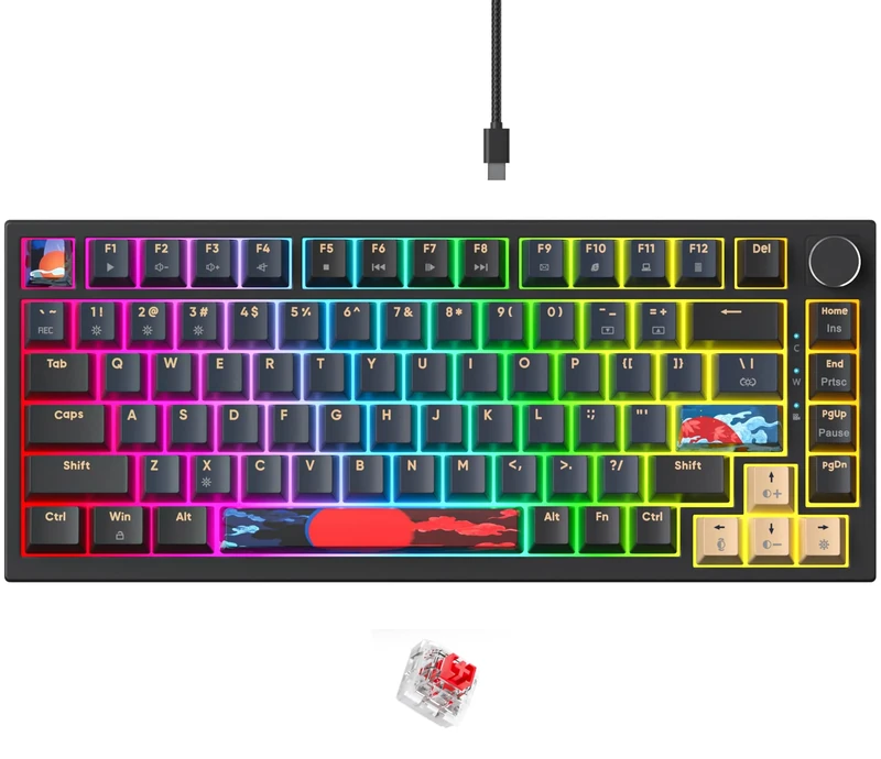 Fogruaden 75% Wired Mechanical Gaming Keyboard - Hot Swappable, Red Switch, RGB Backlit 82 Keys TKL With Volume Control Knob (BlueSamurai)