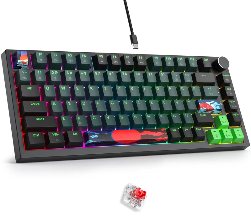 Fogruaden Wired 75% Mechanical Keyboard, Hot Swappable, Red Switch, RGB Backlit, 82 Keys TKL, NKRO, Volume Control Knob (Soundwave)