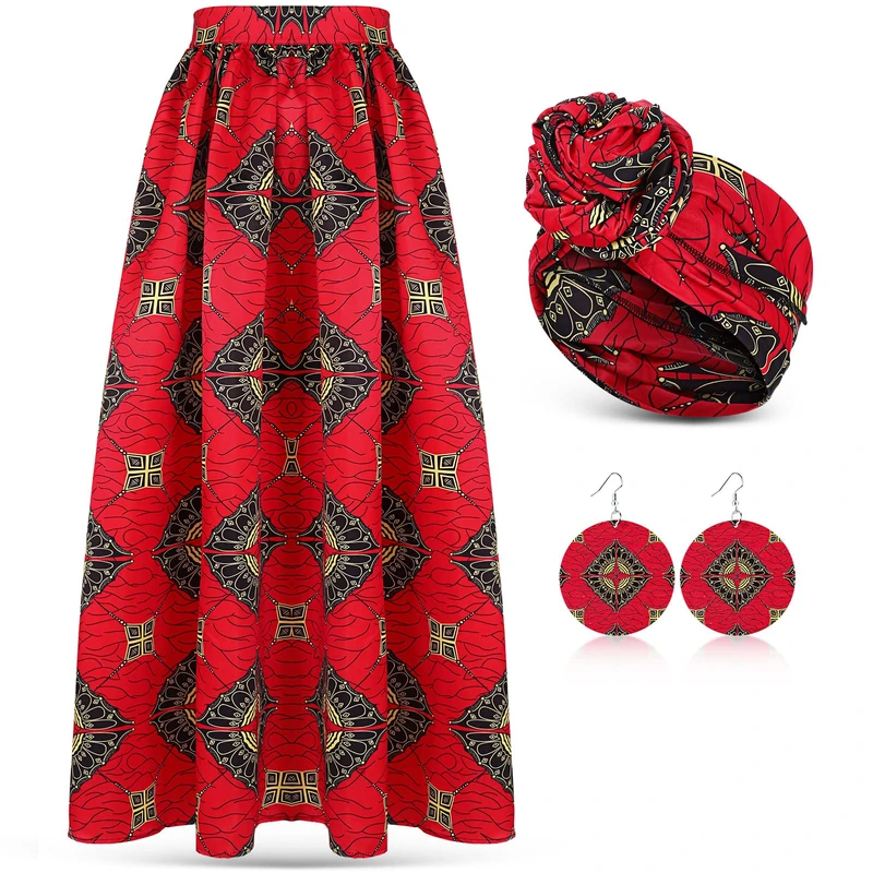 3 Pcs Women African Printed Maxi Skirt A Line Long Skirts with Pockets Boho Casual Dress Head Wrap Scarf Drop Dangle Earrings, Multicolored, M