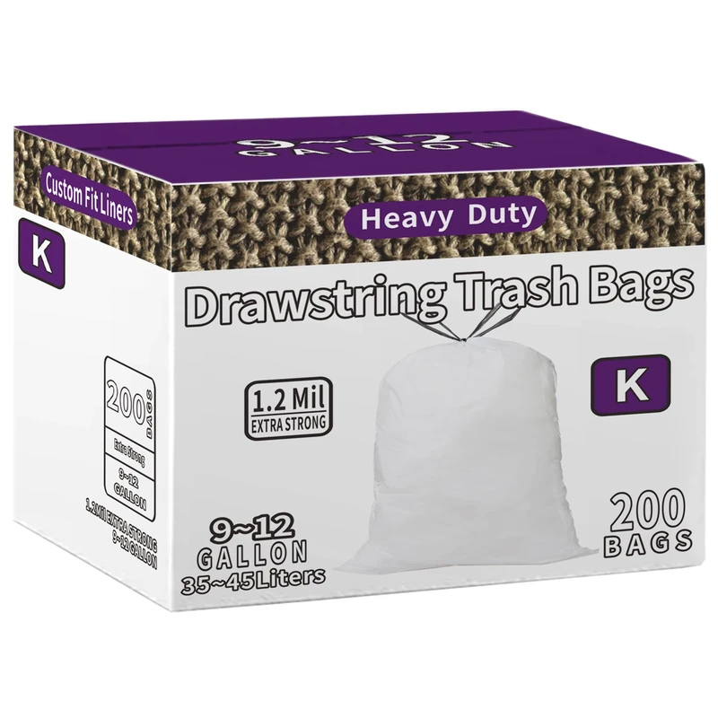 AngeLvet Code K Drawstring Trash Bags Compatible with simplehuman Code K | 200 Count total | 9-12 Gallon / 35-45 Liter | 1.2 Mil Thinkness | White Garbage Can Liners | Heavy Duty Plastic Trash Bags