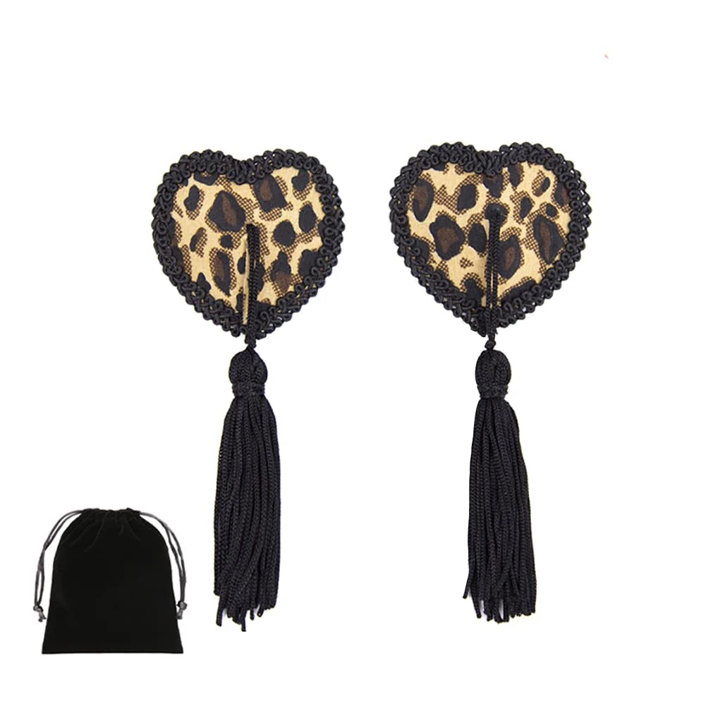 Leopard Nipple Pasties Covers Nipple Stickers Petals Breast Bra with Tassel Reusable for Women, Black, Medium
