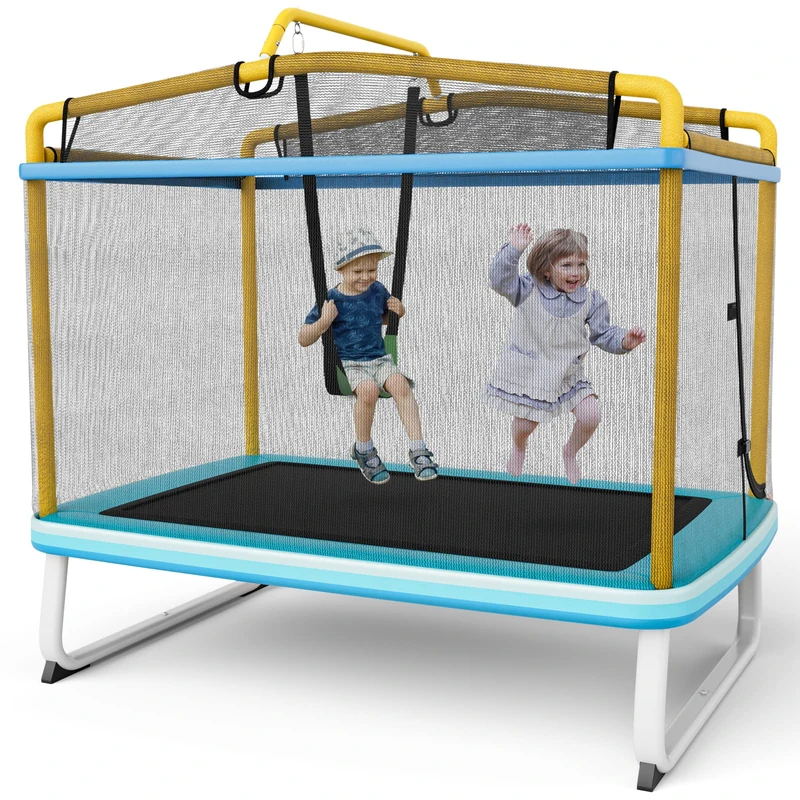 GYMAX 6 FT Kids Trampoline, 3-in-1 Rectangle Trampoline with Enclosure Net, Swing, Horizontal Bar and Spring Cover, Indoor Outdoor Combo Bounce Trampoline for Boys & Girls (Blue + Yellow)