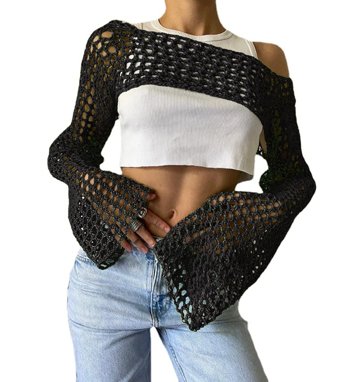Bnigung Women's Mesh Crochet Crop Tops Shrugs Sexy Y2k Hollow Out Cropped Knit Sweater See Through Bikini Cover Ups, Black, Small