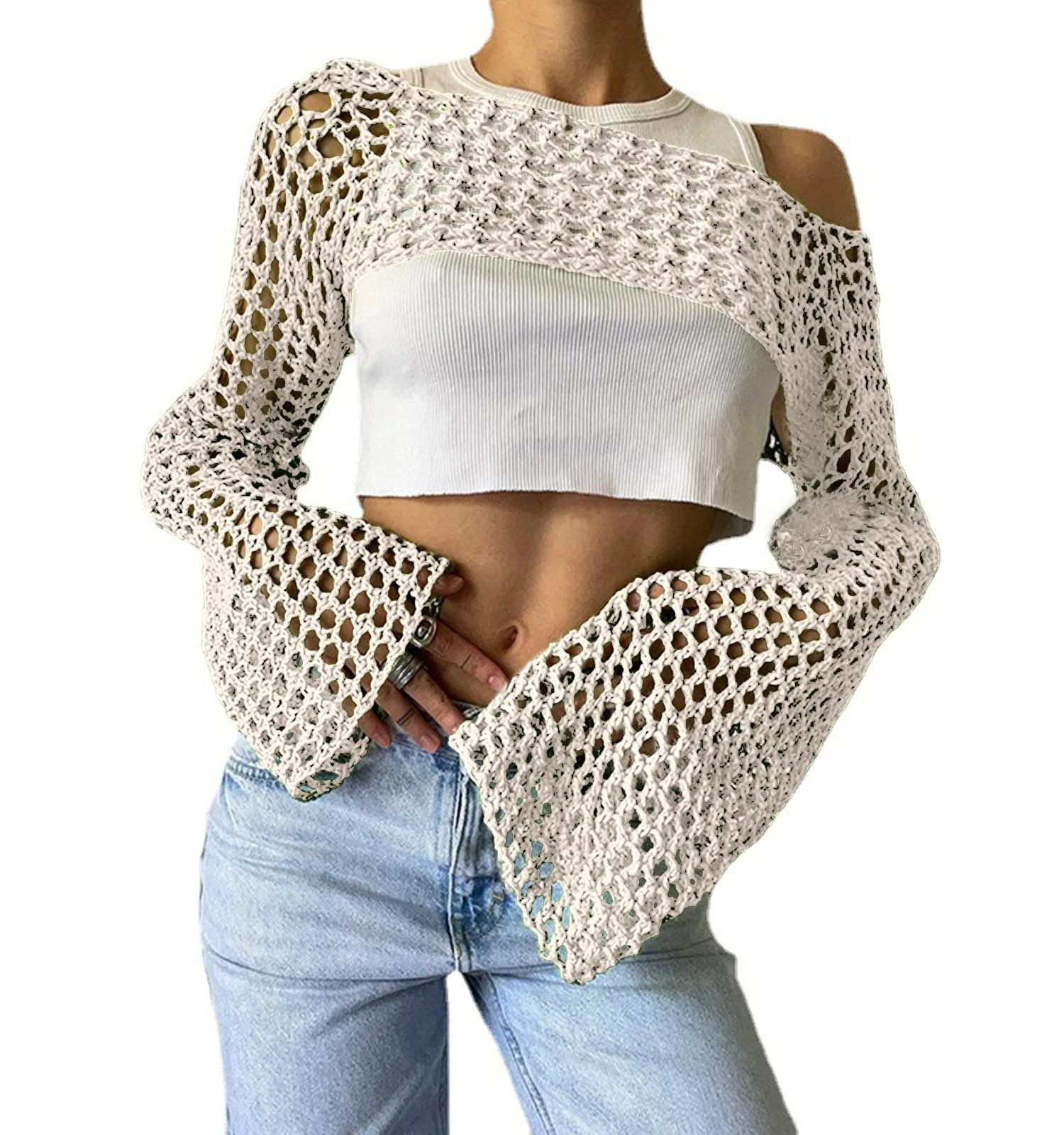 Bnigung Women's Mesh Crochet Crop Tops Shrugs Sexy Y2k Hollow Out Cropped Knit Sweater See Through Bikini Cover Ups, Beige, Small