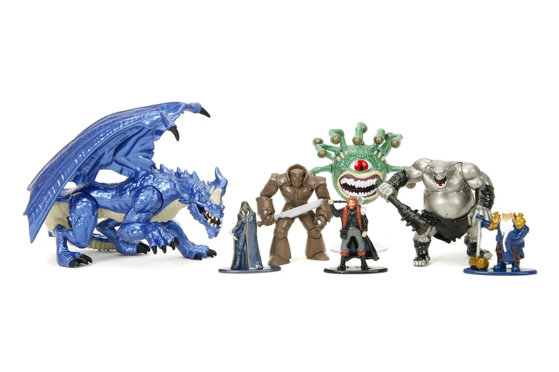 Jada Toys Dungeons and Dragons Figure Set (Mega Pack with 7 Collectible Figures in 3 Sizes) - Metal DND Figures from 12 Years (Elf, Human Barbarian, Dwarf, Golem, Ogre, Beholder, Dragon), 4-10 cm