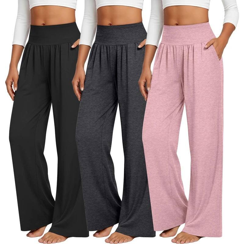 Neer 3 Pack Women's Wide Leg Yoga Pants Comfy Lounge Pants with Pockets Baggy Elastic Waist Joggers Ladies Open Bottom(X-Large,Black, Dark Gray, Pink)