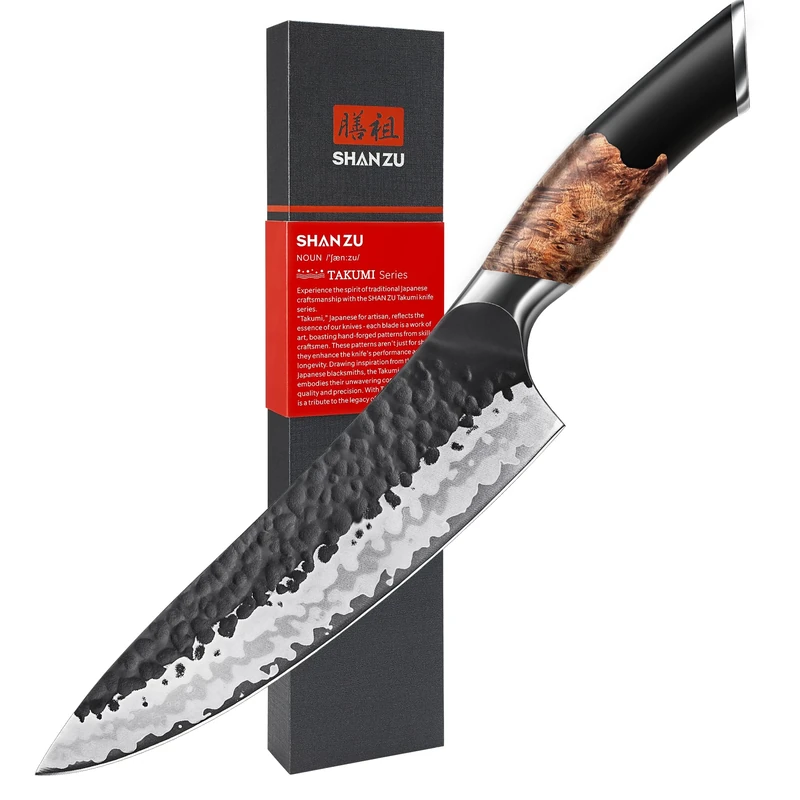 SHAN ZU Japanese Chef Knife 8 Inch Hand-Forged Kitchen Knife 7 Layers High Carbon Professional Utility Knives 10Cr15Mov Stainless Steel Sharp Cooking Gyuto Knife with Maple Wood Handle