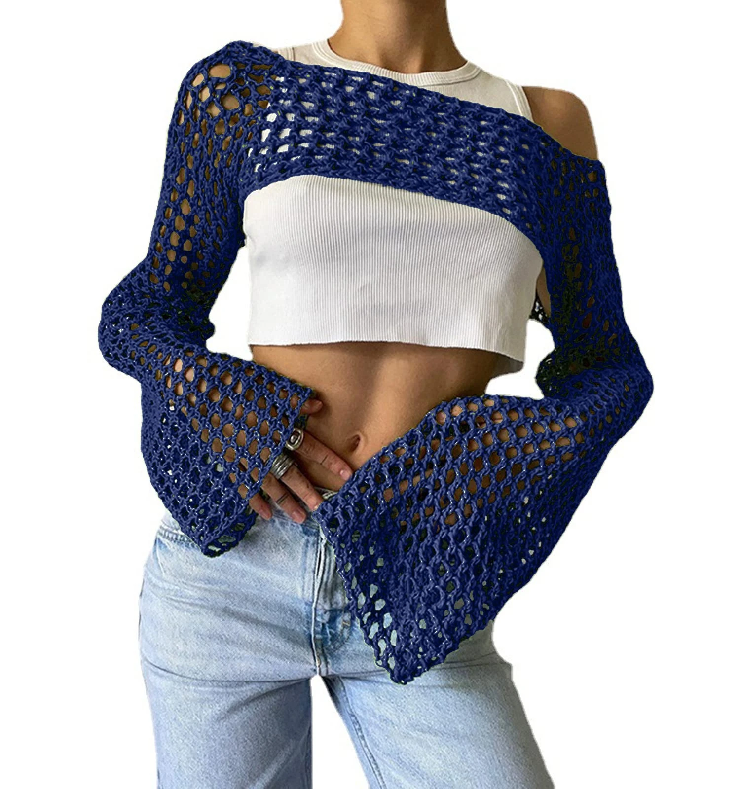 Bnigung Women's Mesh Crochet Crop Tops Shrugs Sexy Y2k Hollow Out Cropped Knit Sweater See Through Bikini Cover Ups, Blue, L