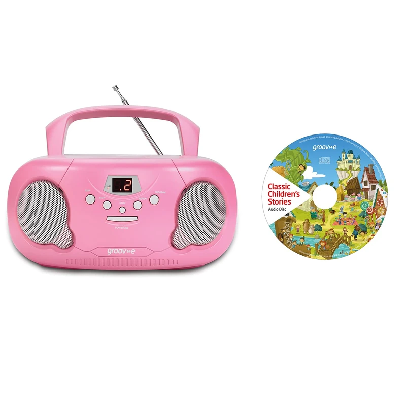 Groov-e Orginal Boombox & Kids Story CD Bundle - Portable CD Player with Radio, 3.5mm Aux Port, & Headphone Socket - CD Features 10 Classic Children's Stories - Battery or Mains Powered - Pink