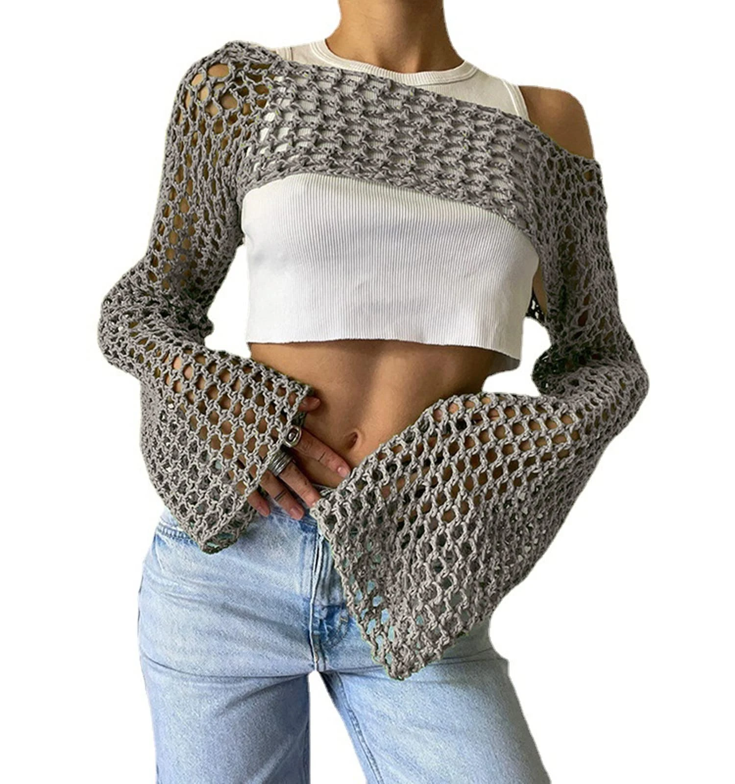Bnigung Women's Mesh Crochet Crop Tops Shrugs Sexy Y2k Hollow Out Cropped Knit Sweater See Through Bikini Cover Ups, Gray, Small