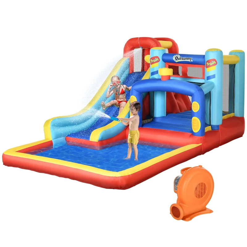Outsunny Bouncy Castle with Water Slide, Trampoline Climbing Wall, 4 in 1 Kids Inflatable Bounce House with Blower Storage Bag, for Kids Indoor, Outdoor, 4.35 x 2.45 x 2m