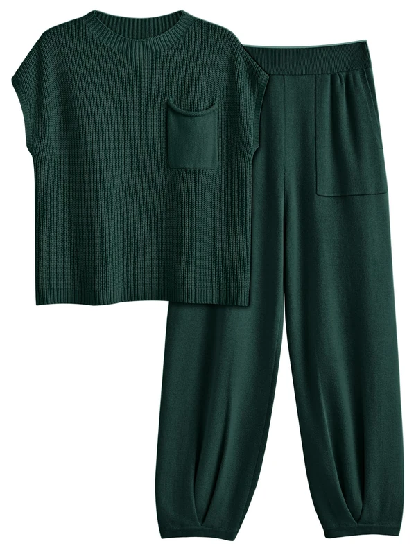 LILLUSORY 2 Piece Outfits For Women Trendy Lounge Sets Cozy Knit Sweater Short Sleeve Fashion Loungewear Set, Green, Small