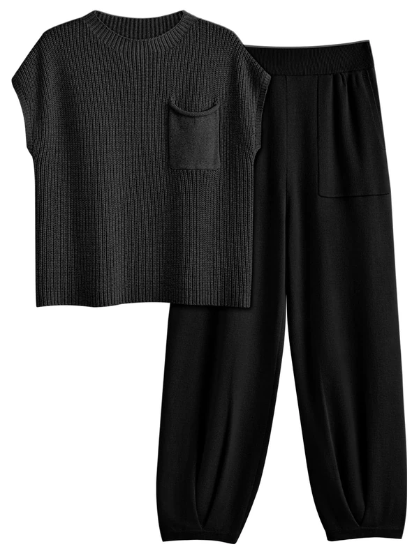 LILLUSORY 2 Piece Outfits For Women Trendy Lounge Sets Cozy Knit Sweater Short Sleeve Fashion Loungewear Set, Black, Medium