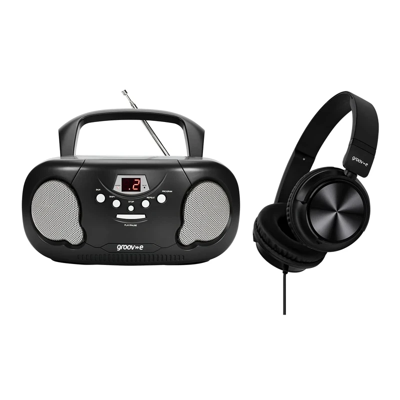 Groov-e Original Boombox & Headphone Bundle - Portable CD Player with Radio, Stereo Headphones, 3.5mm Aux Port, & Headphone Socket - LED Display, 2 x 1.2W Speakers - Battery or Mains Powered - Black