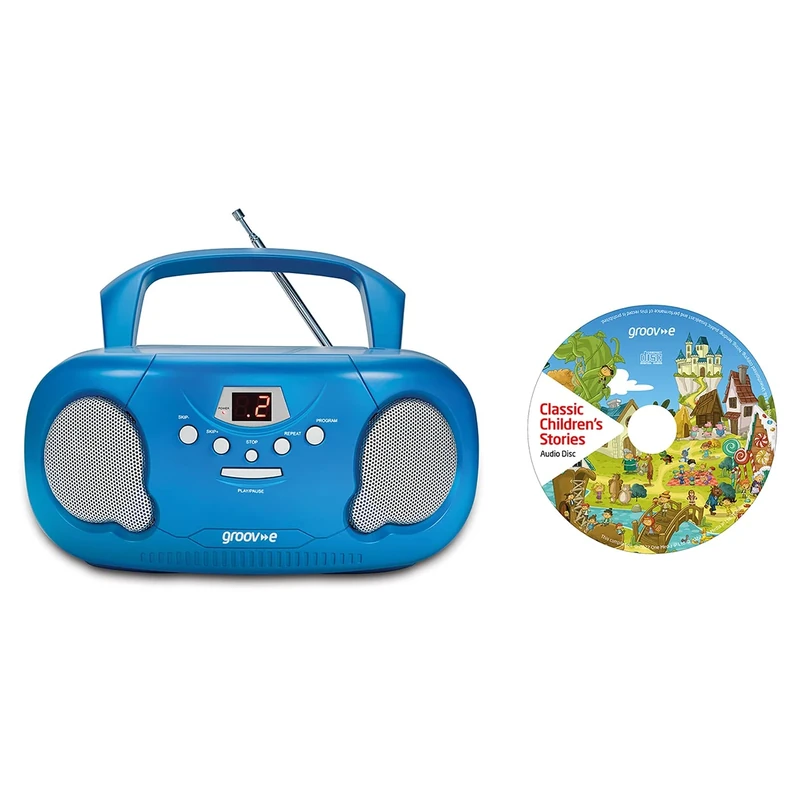 Groov-e Original Boombox & Kids Story CD Bundle - Portable CD Player with Radio, 3.5mm Aux Port, & Headphone Socket - CD Features 10 Classic Children's Stories - Battery or Mains Powered - Blue