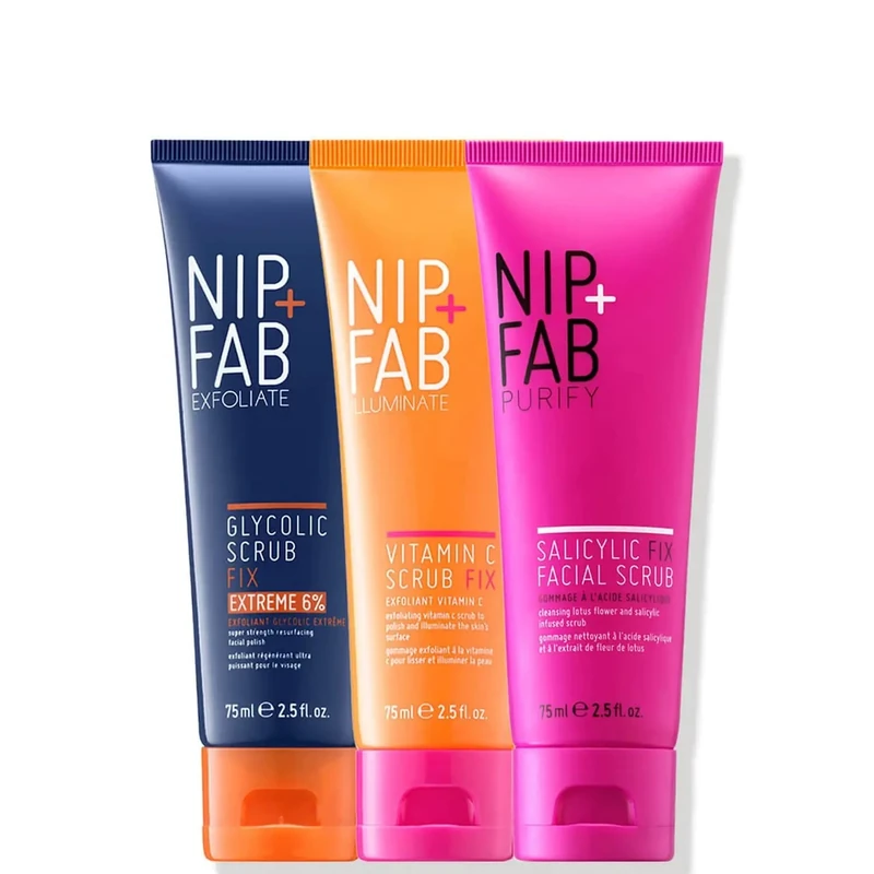 Nip + Fab Three-Piece Face Scrub Bundle | Illuminating AHA BHA Exfoliate Set With Vitamin C, Glycolic Acid, Salicylic Acid | Cleansing for Radiant Complexion