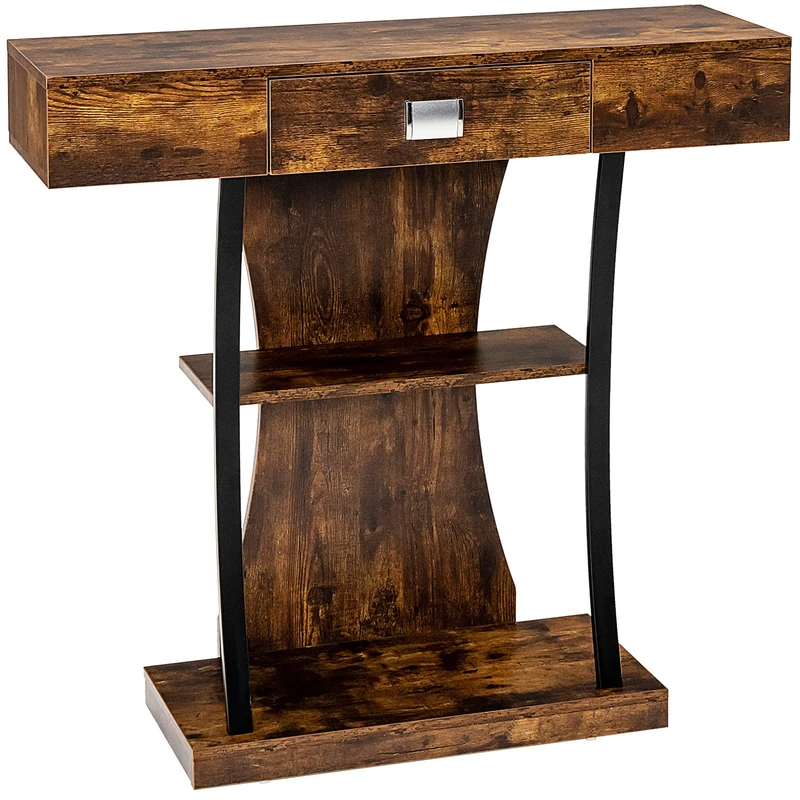 CASART 3-Tier Console Table, T-Shaped Entryway Sofa Table Behind Foyer Table with Drawer, Shelves & Anti-Tipping Kits, Industrial Compact Couch Table for Living Room Hallway (1 Drawer, Rustic Brown)