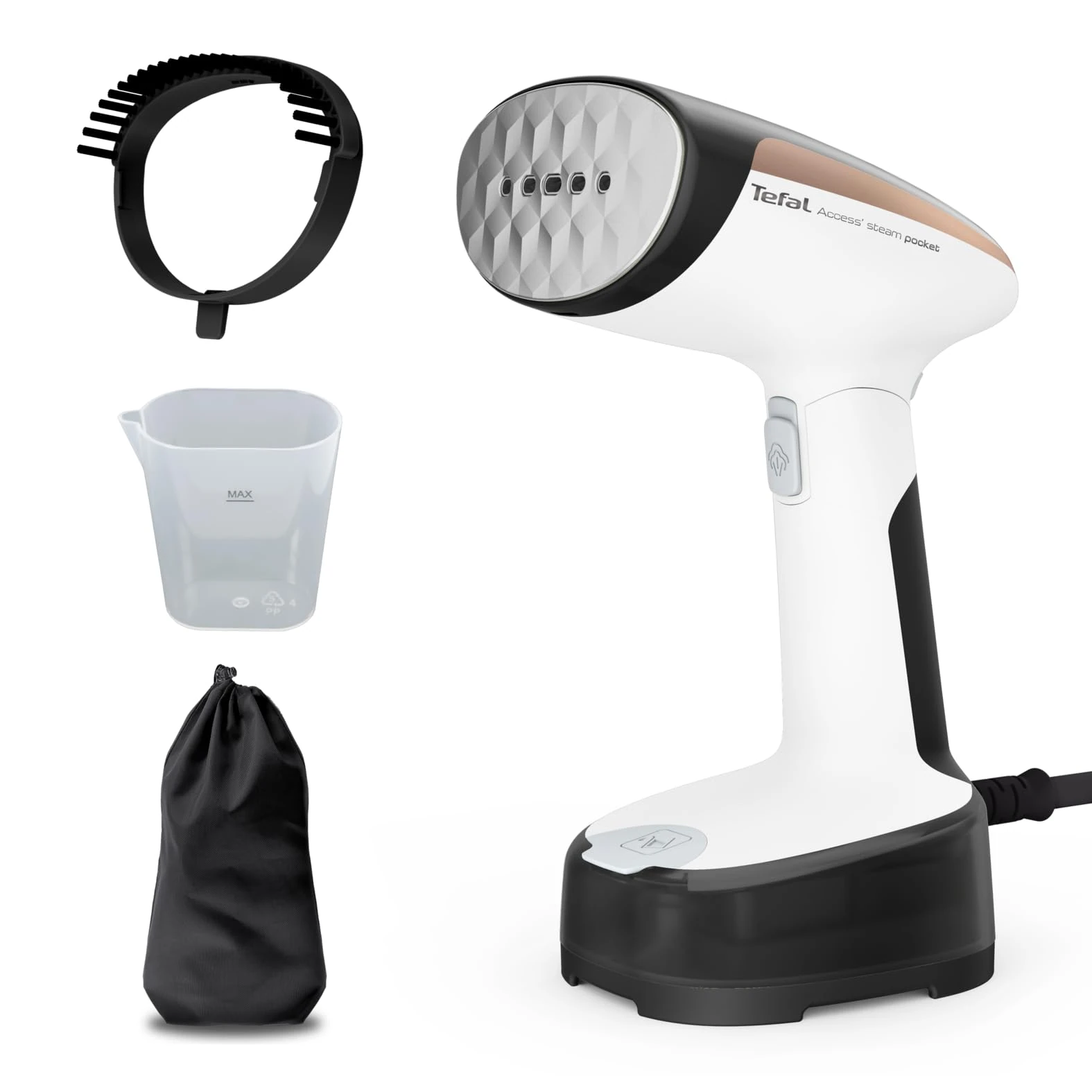 Tefal Access Steam Pocket Handheld Clothes Steamer, Ultra-Compact Design, Foldable Head, 15-Second Ready, 1300W, Steam Output up to 20g/min, Lightweight, DT3052G0, Black & White & Rose Gold