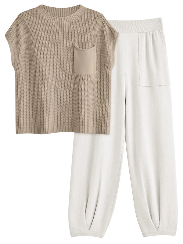LILLUSORY 2 Piece Outfits For Women Trendy Lounge Sets Cozy Knit Sweater Short Sleeve Fashion Loungewear Set, White, Medium