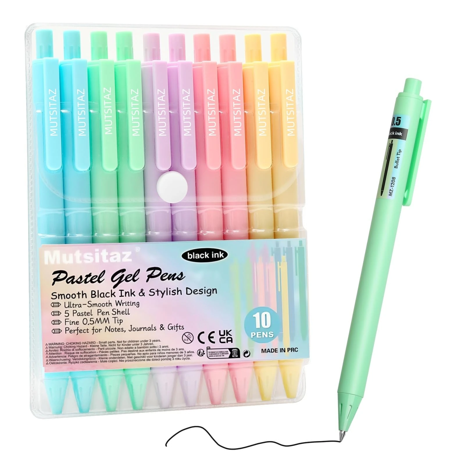 Mutsitaz 10 Pcs Retractable Gel Ink Pens 0.5mm Black Ink, Smooth Writing Cute Pens, Pastel Gel Pens for School Office Gift Supplies