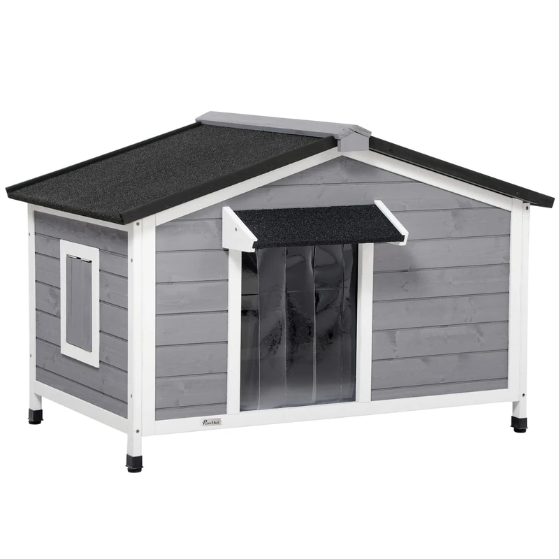 PawHut Dog House Style Cottage - 2 Windows, Door, Bitumen Sunroof - dim. 109 x 79 x 72 cm - Fir Wood Grey