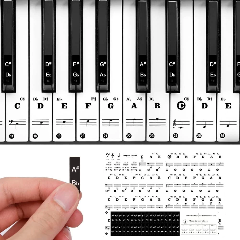 URAQT Piano Key Stickers 37/49/54/61/88 Keys, Black and White Keyboard Stickers, Transparent Removable Note Guide Labels Beginners