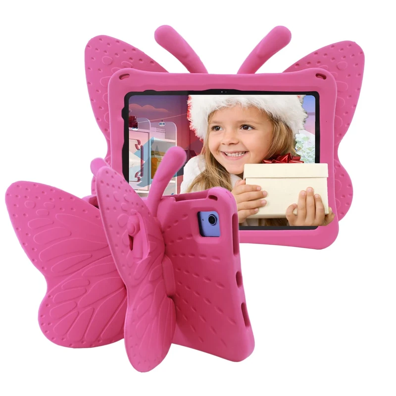 Tading Kids Case for iPad (A16) 11th Generation 11 Inch 2025/iPad 10th Generation 10.9 Inch 2022, Cute Butterfly Children Friendly Soft EVA Foam Protective Stand Cover for Girls - Magenta