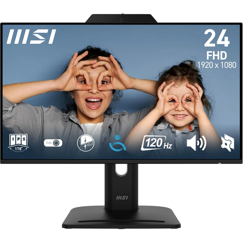 MSI PRO MP242PMG 23.8 Inch Full HD Office Monitor - 1920 x 1080 IPS Panel, 120Hz, Built- in camera, Eye-Friendly Screen, VESA, Display Kit Support, 4-Way Adjustable - HDMI, DisplayPort, D-Sub (VGA)