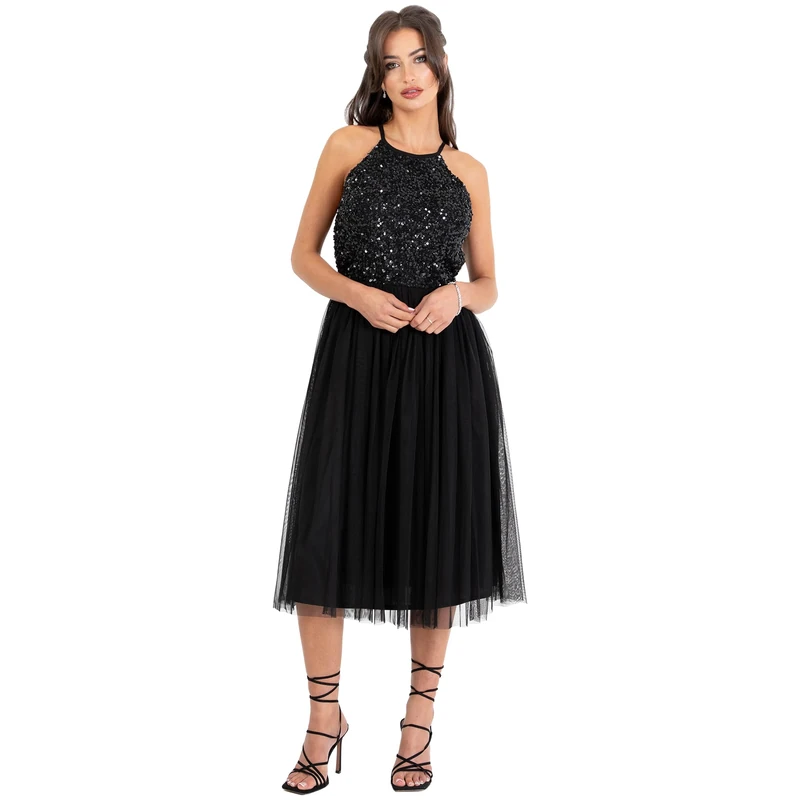 Maya Deluxe Women's Ladies Midi Dress with Halter Neck Tulle for Evening Graduation Prom Wedding Bridesmaids Ball Gown, Black, 34