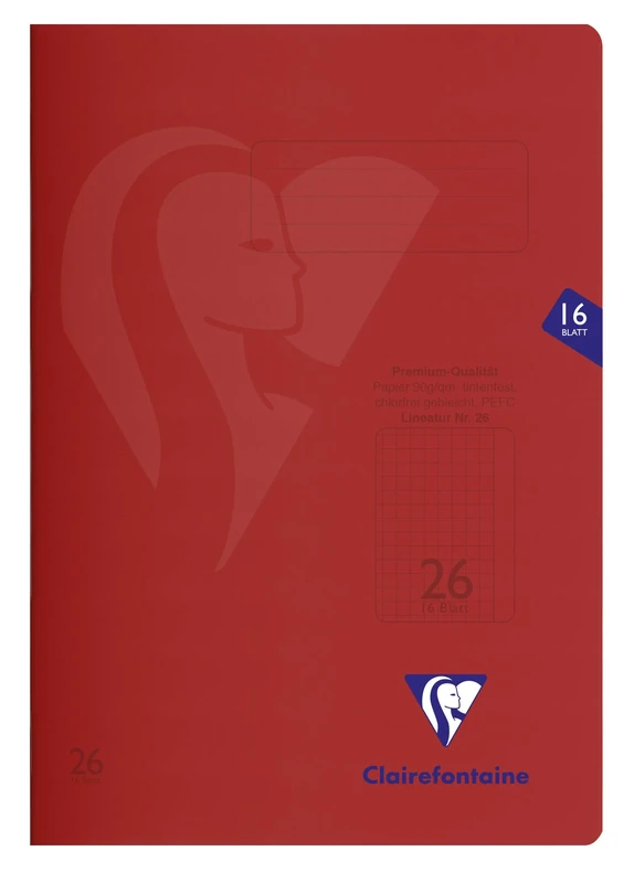 Clairefontaine 333226C - One Pack of 25 Schoolbook Notebooks, Ideal for School, DIN A4, 32 Pages, 90 g, Square Ruled with Margin, PP Cover, Red, 1 Pack