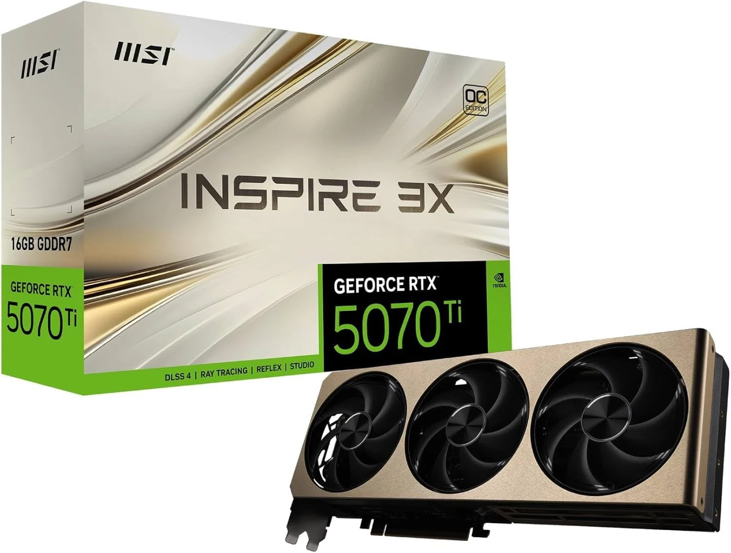 MSI GeForce RTX 5070 Ti 16G INSPIRE 3X OC PLUS Graphics Card - RTX 5070 Ti GPU, 16GB GDDR7 (28Gbps/256-bit), PCIe 5.0 - Triple Fan Thermal Design (3 x STORMFORCE Fan) - HDMI 2.1b, DisplayPort 2.1b
