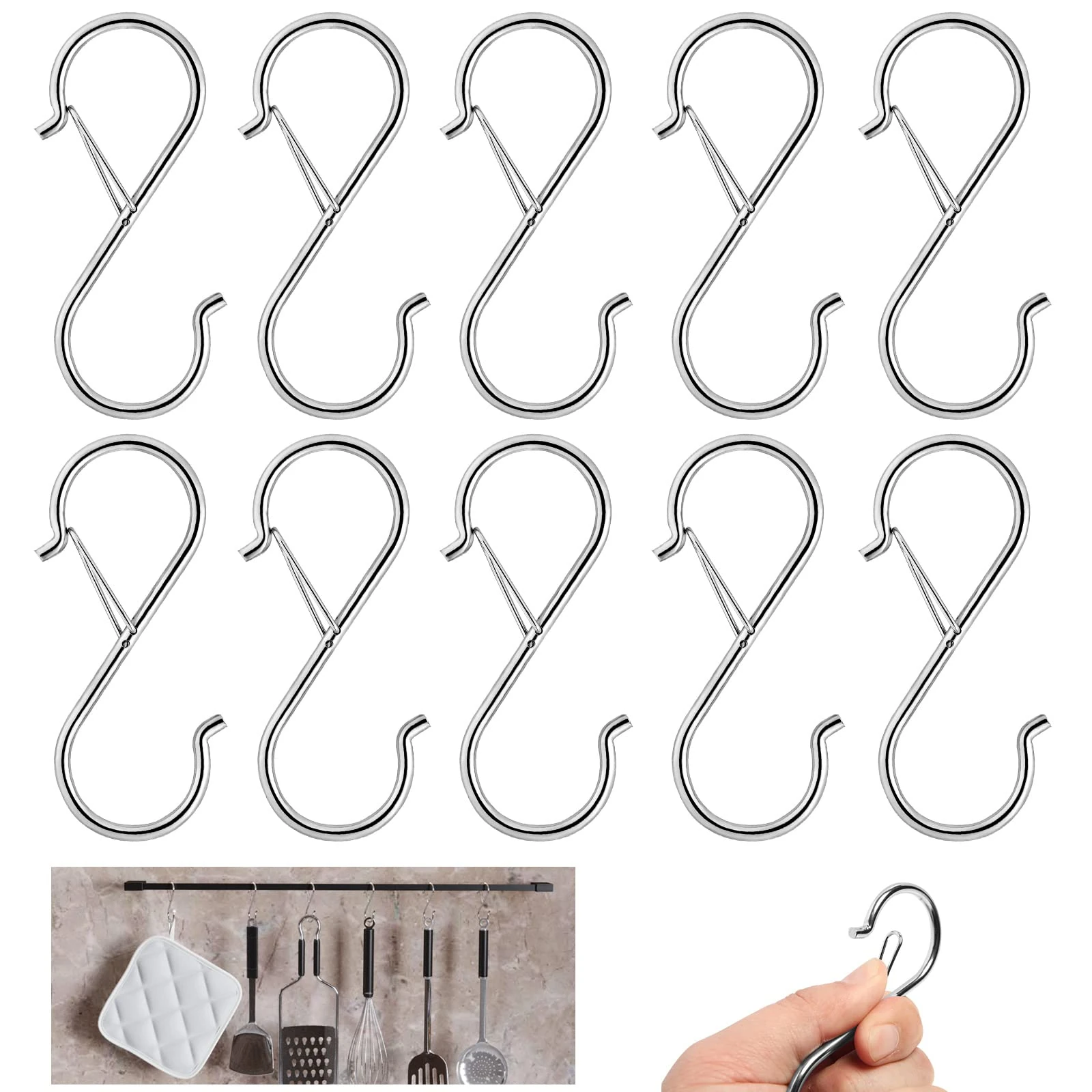 bonitacrylic 10 Pack S Shaped Hooks Metal for Hanging Heavy Duty Large 9cm with Safety Buckle for Pan Utensil Closet Rod Outdoor Lights Kitchenware Bathroom Garden Office Plant Silver